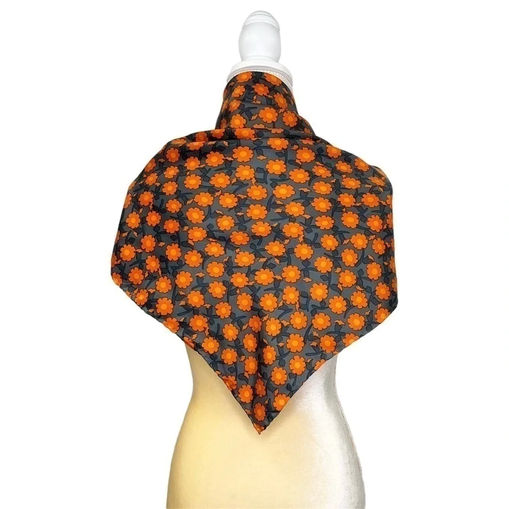 Silk Scarf Hand Rolled 34.5” Square Orange Gray Poppy Sunflower Daisy EUC